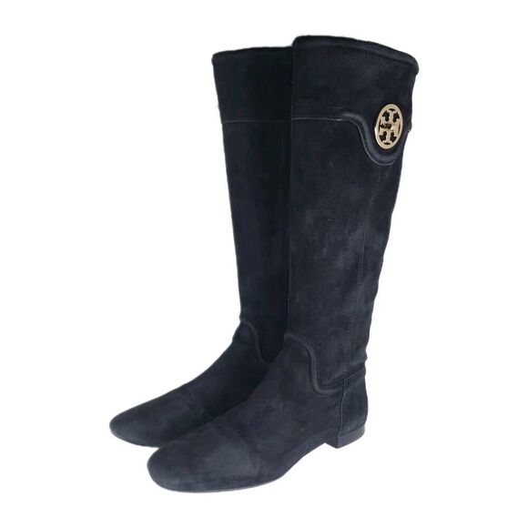 TORY BURCH Women's Selma US8,5M Black Suede Logo Zip Knee High Riding Boots - Picture 1 of 16